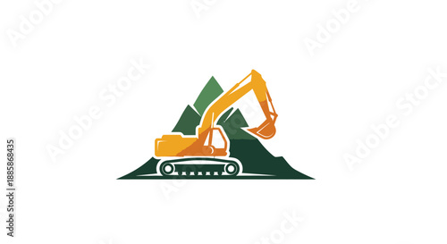 Heavy Excavator Machine on Green Mountain Landscape, Isolated White Background, Mining and Construction
