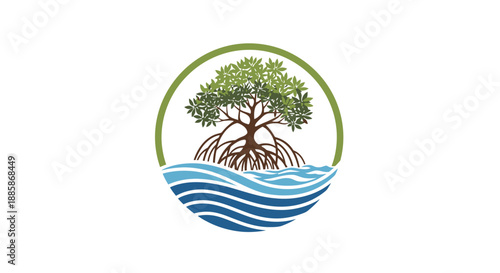 Mangrove Tree with Exposed Roots Growing in Water, Isolated White Background, Coastal Ecosystem