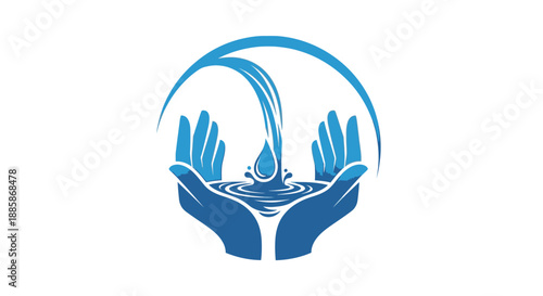 Human Hands Cupping Flowing Water with Splash in Circle Frame, isolated white background