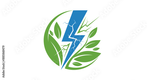 Green Leaves and Lightning Bolt Symbol, Isolated White Background, Renewable Energy and Sustainable Power