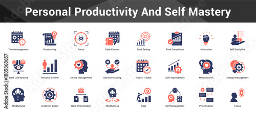 Personal Productivity And Self Mastery Cohesive set of minimalist vector icons representing key ideas with visual clarity