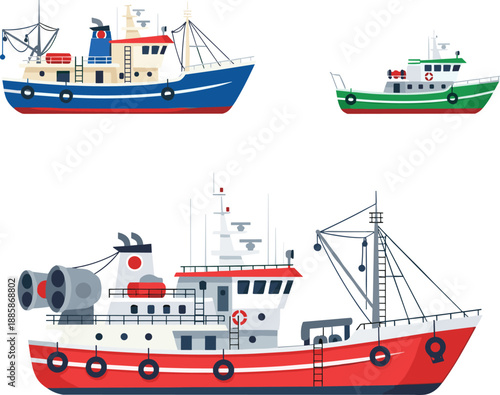 Fishing boat set flat vector illustration collection of commercial trawlers and ships isolated on white background