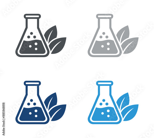 Modern science and nature icon set featuring chemical flasks and leaves for organic research