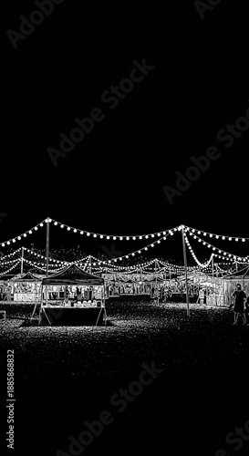 Black and white nighttime fairground with string lights and stalls.