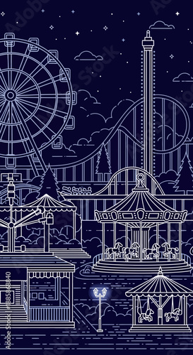 Amusement Park Rides and Attractions at Night.