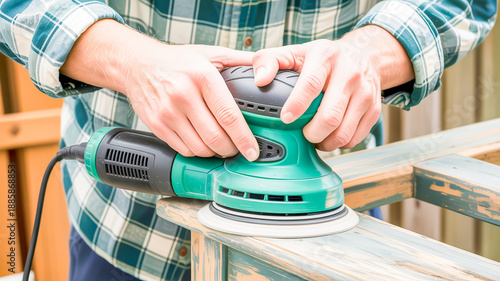 Close-up of hands using an orbital sander on weathered wood woodworking renovation