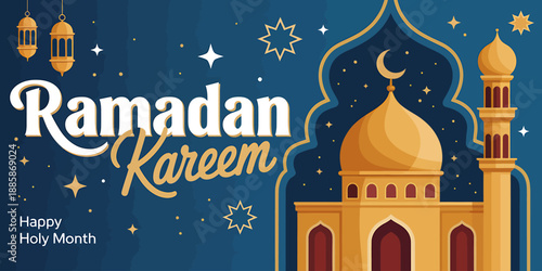 Ramadan Kareem Greeting Card with Mosque Illustration