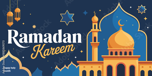 Ramadan Kareem Greeting Card with Mosque Illustration