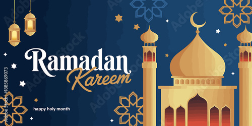 Ramadan Kareem Greeting Card with Mosque and Lanterns