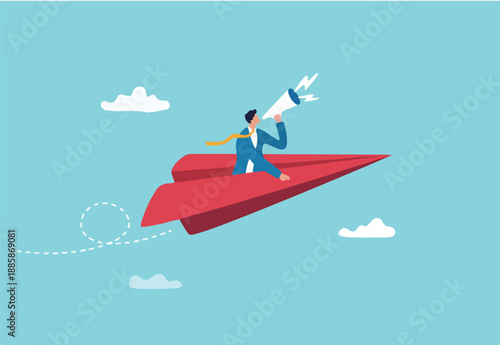 Communication, announcement or marketing message, loud speaker promotion notice or communicate important information concept, businessman on origami airplane shouting or announce message on megaphone.