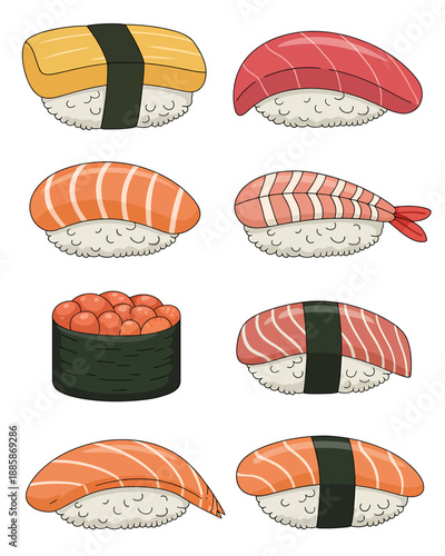 Colorful Sushi Varieties Illustration Set on White Background