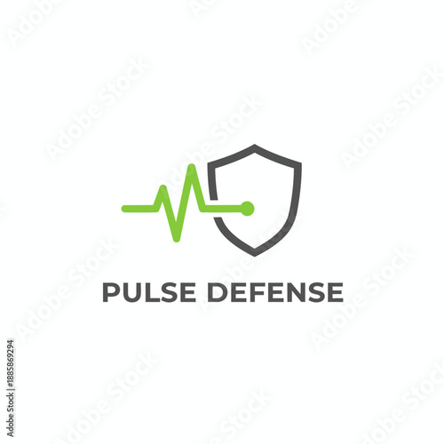 Shield icon with green heartbeat pulse line for medical health security or heart clinic branding, featuring the text "PULSE DEFENSE"