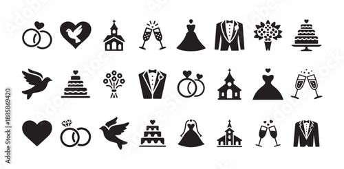 Wedding icon collection set with silhouette marriage elements like ring dress church cake and bird