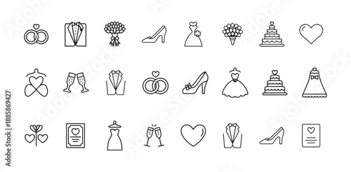 Marriage ceremony line icons featuring bridal dress shoes rings bouquet invitation and champagne