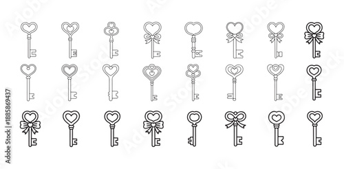 Antique heart keys vector set with ornate bow designs and decorative vintage style line art shapes