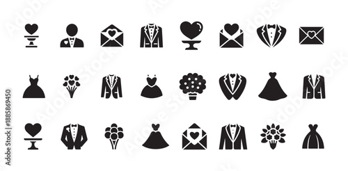 Wedding groom and bride silhouette icons set vector illustration, elegant ceremony couple