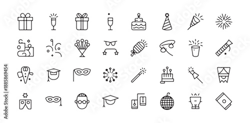 Celebration event party line icons set vector illustration, happy birthday anniversary graduation