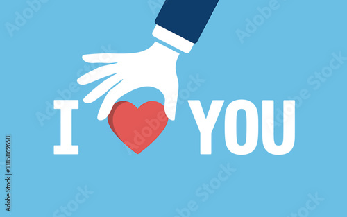 Hand Holding Heart I Love You Message on Blue Background