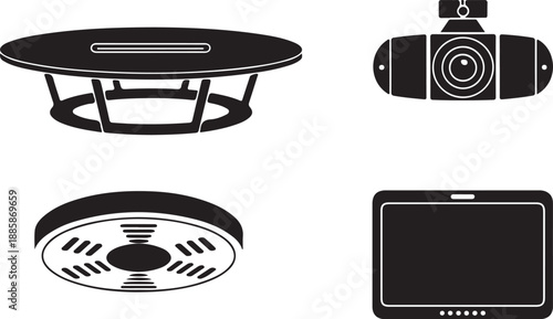 Four black and white of smart home devices home automation security camera tablet