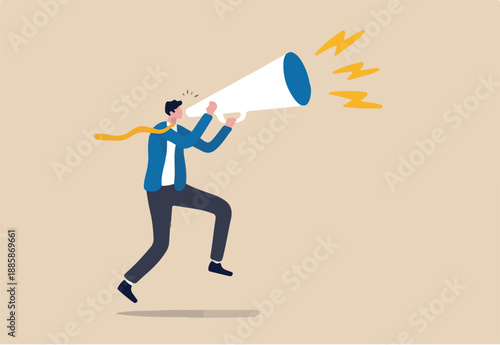 Business shout out, speaking out loud to communicate with co-worker or draw attention and announce promotion concept, confidence young businessman using megaphone speak out loud to be heard in public.