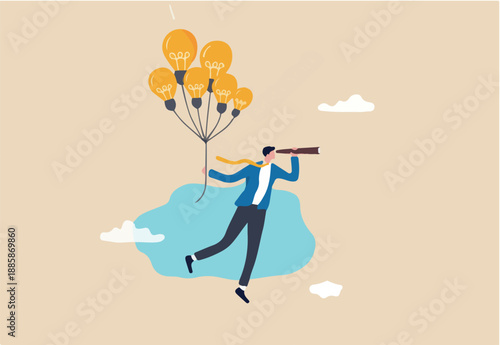 Business ideas, creativity or innovation to searching for new success, finding solution or imagination, visionary or new opportunity concept, businessman flying with lightbulb balloons and telescope
