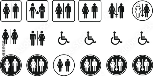 Set of black silhouette icons for restrooms and accessibility symbols Keywords: restroom, toilet, bathroom, icon, symbol, sign