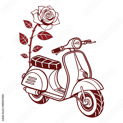 Vintage Scooter Delivering a Giant Red Rose Vector