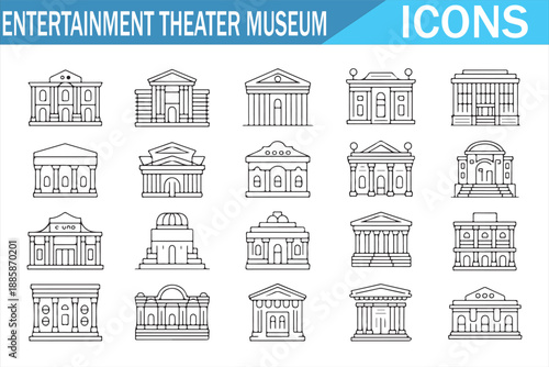 Theater and Museum Building Icons Set, Cultural Entertainment Architecture in Clean Line Vector Style