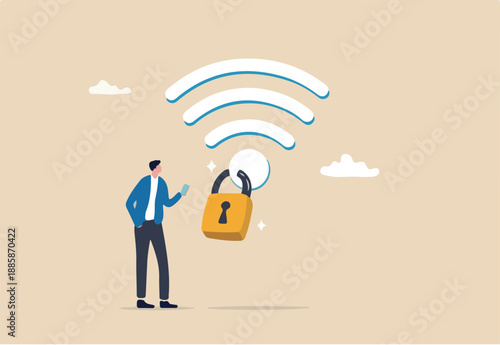 Wifi encryption, wireless security or safety for internet connection, network protection or mobile access, password encryption concept, man mobile user connect to wifi network with padlock encryption.