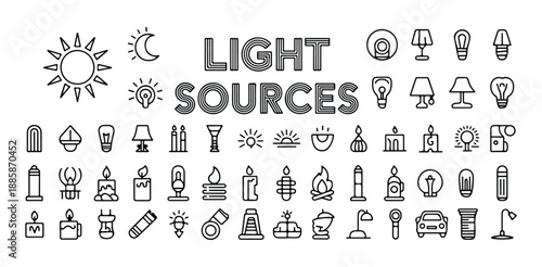 Assortment of various electric and natural light sources symbols for illumination and energy concepts.