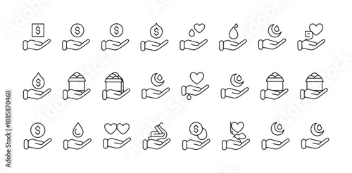 Collection of charitable donation icons showing hands giving money water food and love charity concepts.