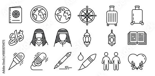 Collection of thin line travel and arabic culture icons for journey planning and national identity.