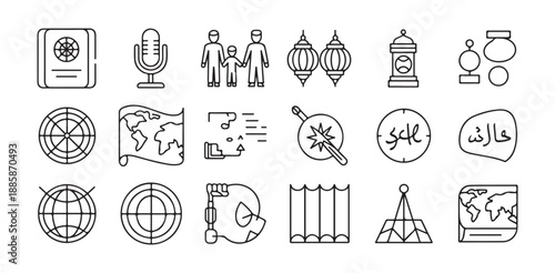 Global navigation and culture icons featuring world maps compasses and islamic religious symbols
