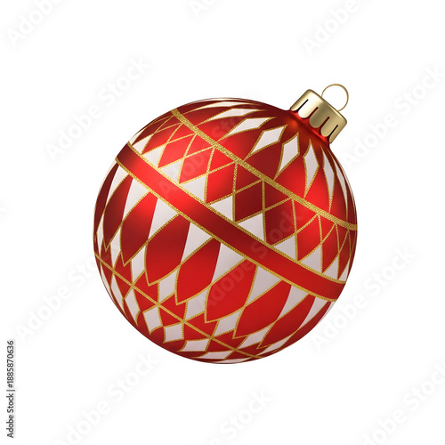 Red and white patterned christmas bauble ornament with gold cap