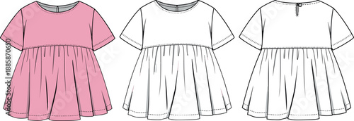 Technical Fashion Flat Illustration Of A Baby Girl Short Sleeve Babydoll Top With Empire Waist And Back Button Detail