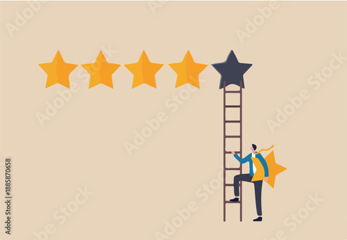 5 stars rating review high quality and good business reputation, customer feedback or credit score, evaluation rank concept, businessman holding 5th star climb up ladder to put on best rating.