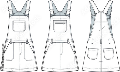 Technical Fashion Flat Illustration Of A Women Denim Pinafore Overall Dress With Pocket Details And Adjustable Buckle Shoulder Straps