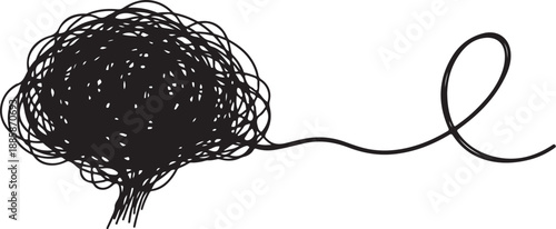 Tangled black scribbles on white background with loose thread