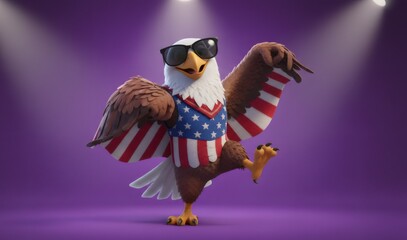 Patriotic bald eagle wearing sunglasses and American flag outfit on stage. USA national symbol mascot. Fourth of July celebration.