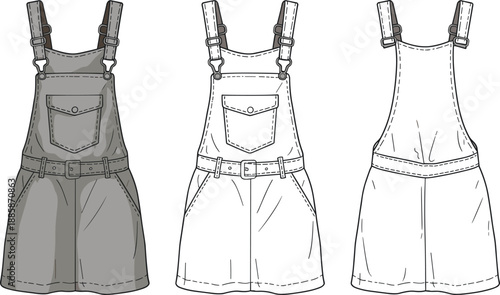Technical fashion illustration of a denim overall pinafore dress with front pocket belted waist and adjustable shoulder straps