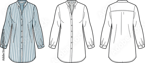 Technical fashion illustration of denim overall pinafore dress with front pocket, belted waist, and adjustable shoulder straps, clothing vector