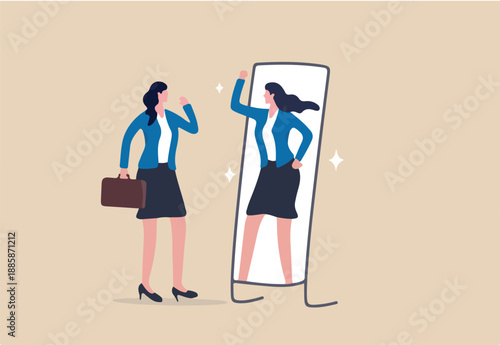 Self confidence and self esteem, motivation to success, positive thinking to boost confident and believe in yourself concept, businesswoman look at her strong confidence reflection in the mirror.