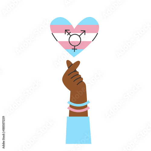 Hand makes korean heart symbol in  trans flag colors. Transgender and genderqueer rights, visibility and awareness concept. Inclusion and diversity.
