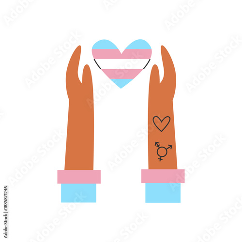 Hands holding heart symbol and trans flag colors and symbols. Transgender and genderqueer rights, visibility and awareness concept. Inclusion and diversity.