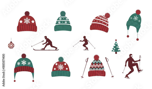 Cute winter knitted hats and ski skate sport silhouettes festive vector set isolated on transparent background