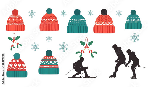 Festive cartoon winter hats with pom poms and ski skate silhouettes Christmas vector set isolated on transparent background