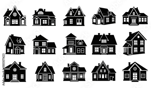 Residential house silhouette vector collection with building shapes isolated on transparent background
