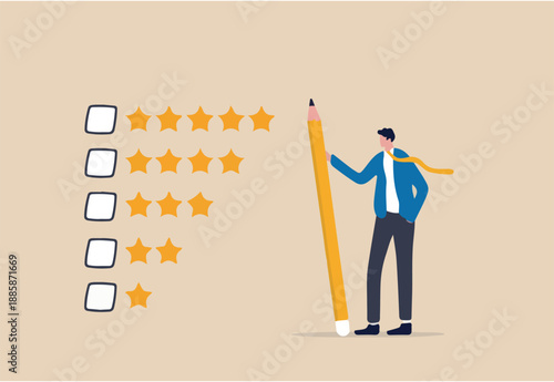 Evaluation or satisfaction feedback, performance rating or customer review, giving stars quality result, rate the service concept, thoughtful businessman holding pencil to evaluate star feedback.