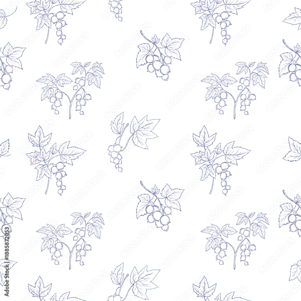 Fototapeta premium Outline Currant Seamless Pattern. Summer Berry Branches with Leaves on White Background. Line Art hand-drawn Vector illustration 