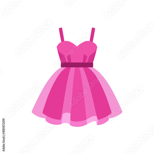Barbiecore pink tulle dress with flared skirt, colorful vector flat style illustration